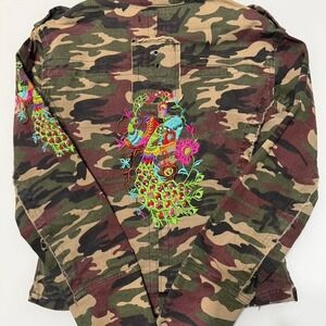 Camo Embroidered Peacock Jacket • Distressed Military Style • XS